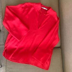 Zara Red Long Sleeve Boxy Blouse with Mandarin Collar